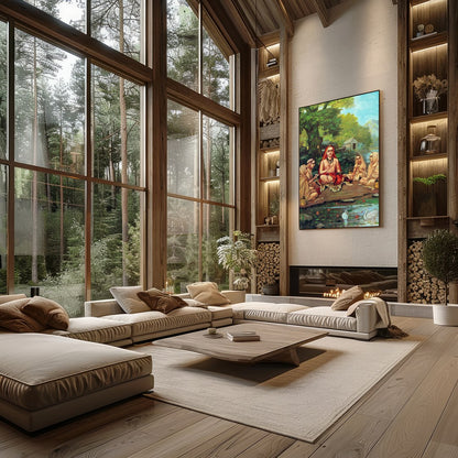 Immerse yourself in tranquility with this captivating artwork depicting a serene gathering beside a for Living Room