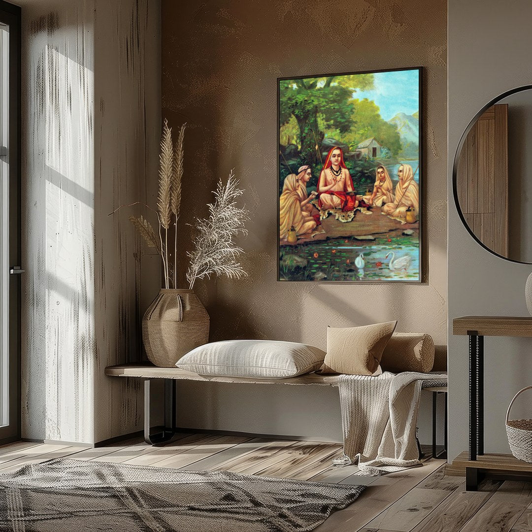 Immerse yourself in tranquility with this captivating artwork depicting a serene gathering beside a for residence