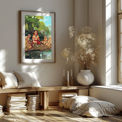 Immerse yourself in tranquility with this captivating artwork depicting a serene gathering beside a for retreat