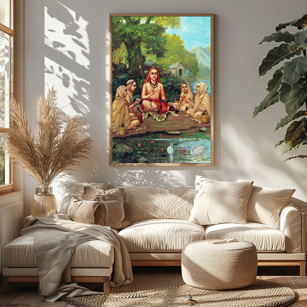 Immerse yourself in tranquility with this captivating artwork depicting a serene gathering beside a for Sitting Area
