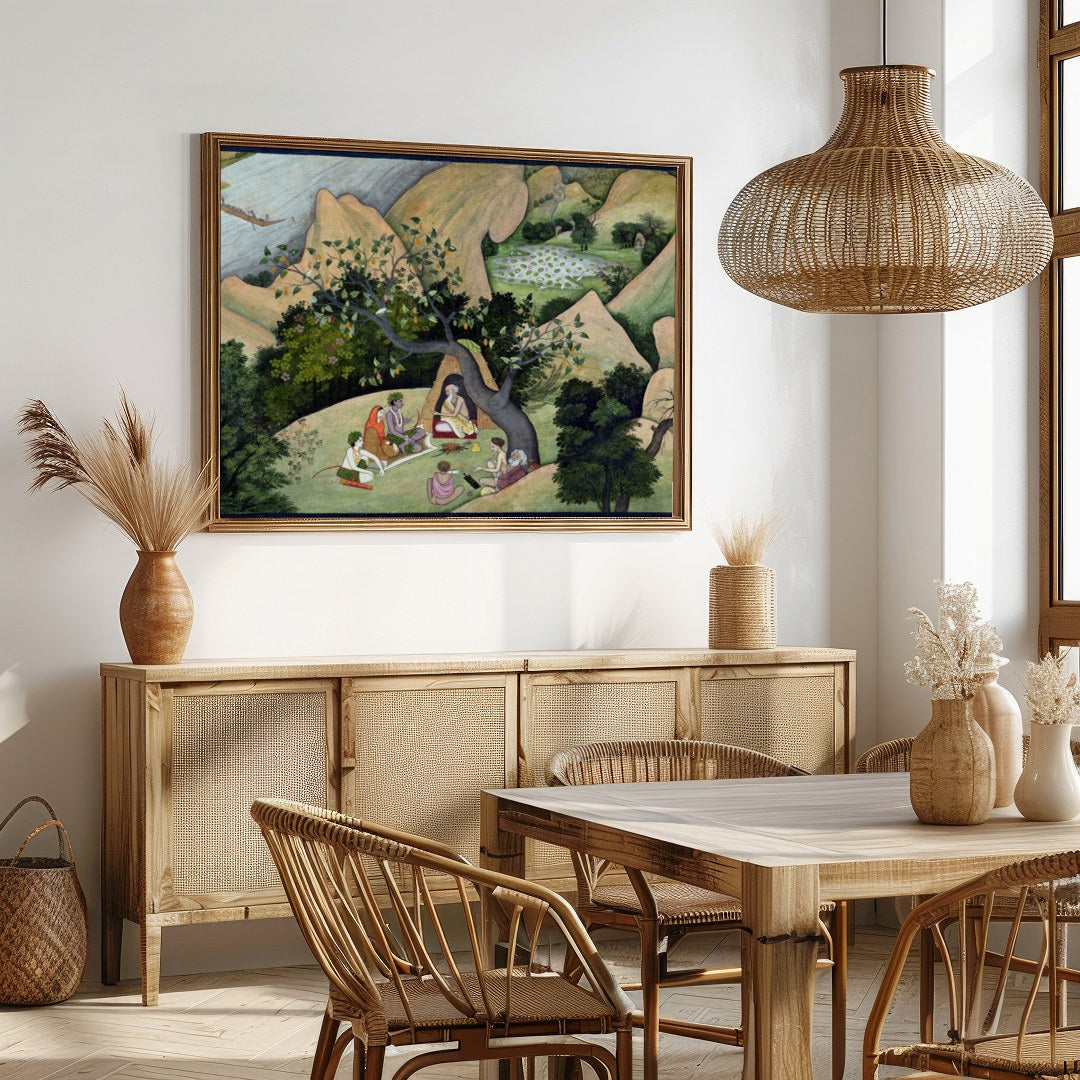 Immerse yourself in a serene landscape with this exquisite artwork depicting a peaceful gathering for Dining