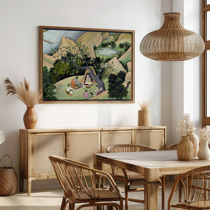 Immerse yourself in a serene landscape with this exquisite artwork depicting a peaceful gathering for Dining