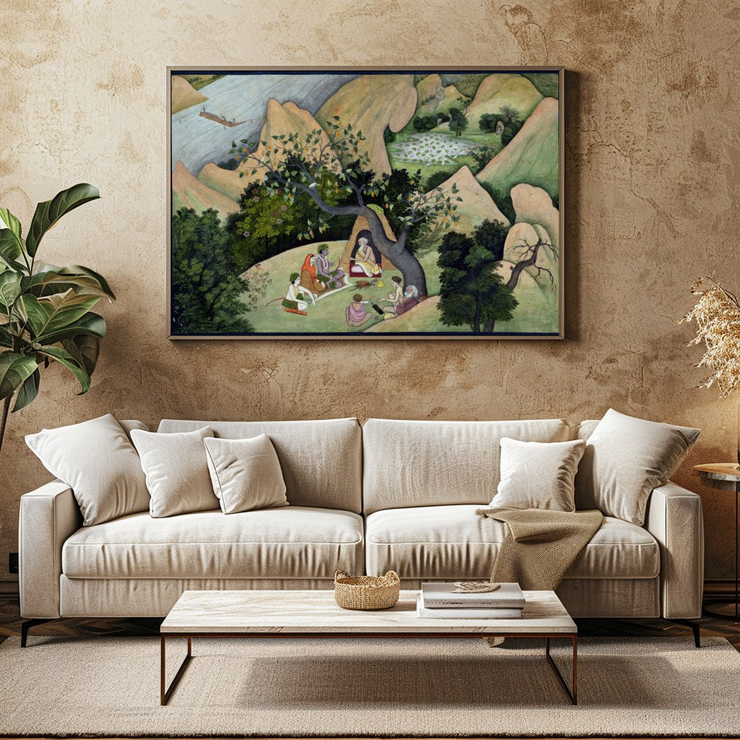 Immerse yourself in a serene landscape with this exquisite artwork depicting a peaceful gathering for Family Room