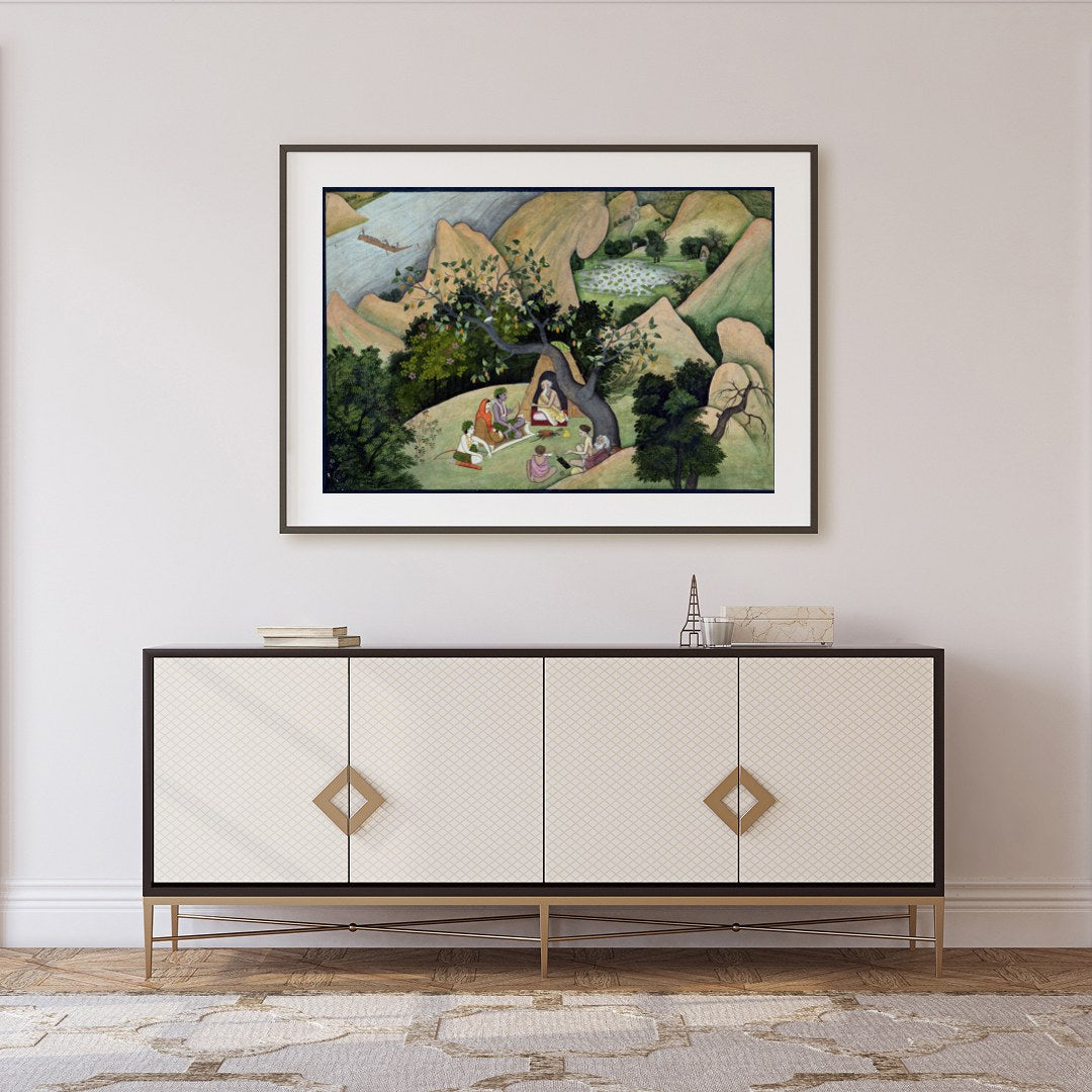 Immerse yourself in a serene landscape with this exquisite artwork depicting a peaceful gathering for Foyer