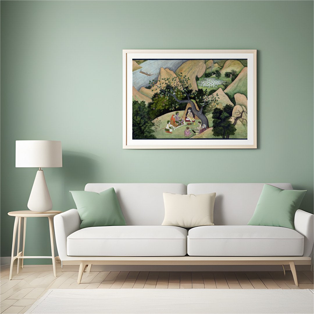 Immerse yourself in a serene landscape with this exquisite artwork depicting a peaceful gathering for Hall