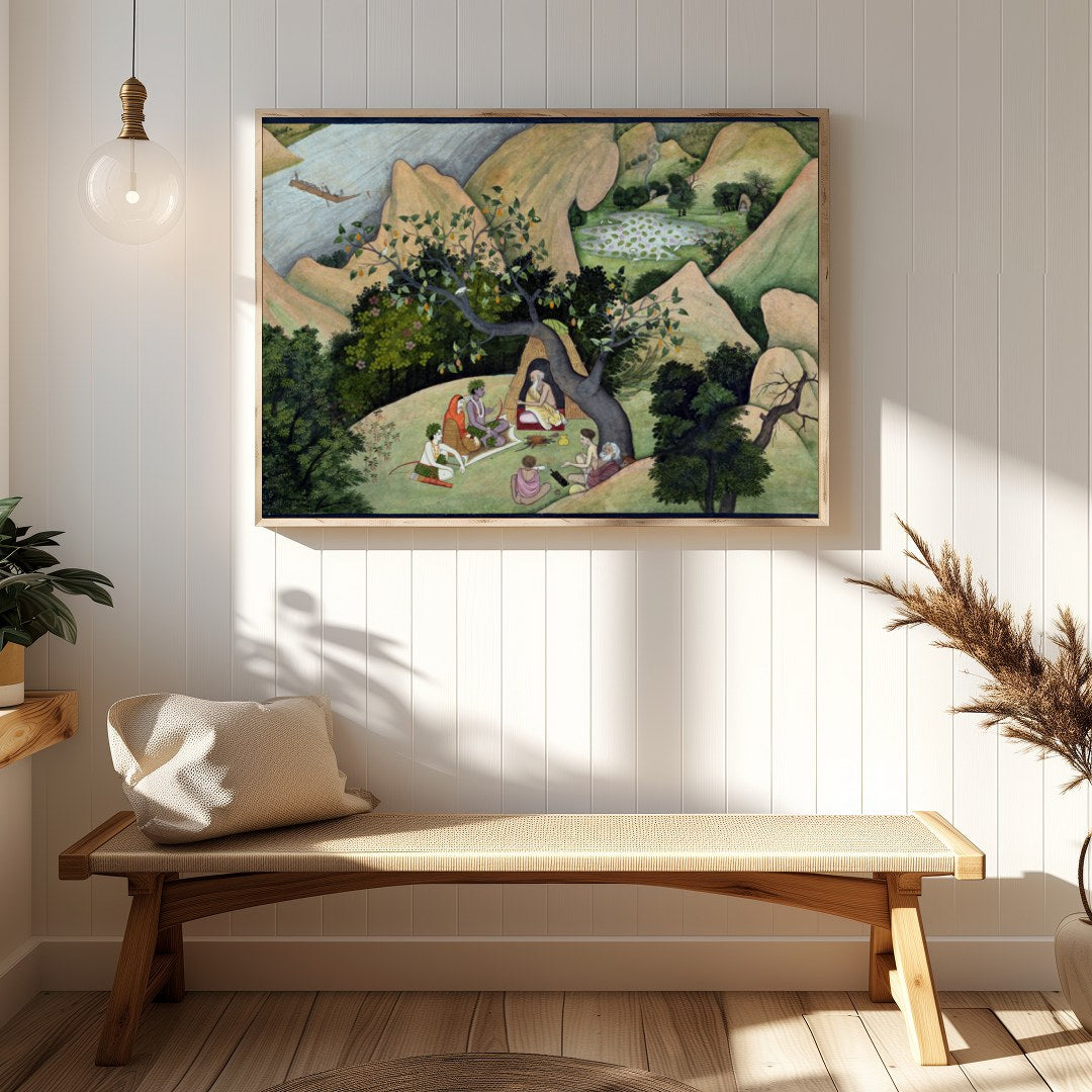 Immerse yourself in a serene landscape with this exquisite artwork depicting a peaceful gathering for Hallway
