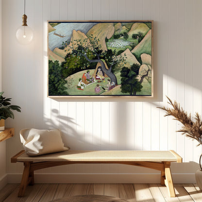 Immerse yourself in a serene landscape with this exquisite artwork depicting a peaceful gathering for Hallway
