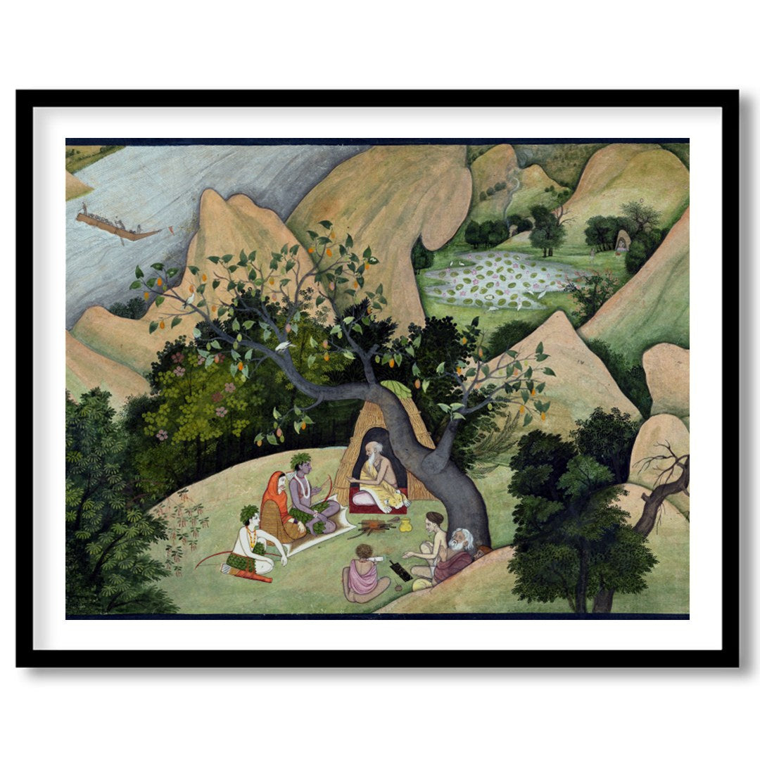 Immerse yourself in a serene landscape with this exquisite artwork depicting a peaceful gathering for house