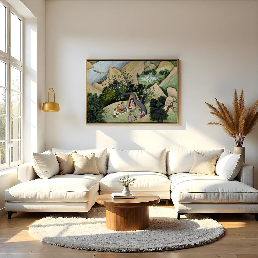 Immerse yourself in a serene landscape with this exquisite artwork depicting a peaceful gathering for Living Room