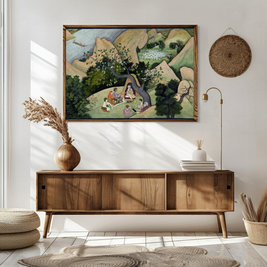 Immerse yourself in a serene landscape with this exquisite artwork depicting a peaceful gathering for Sitting Area
