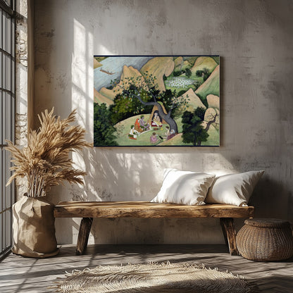 Immerse yourself in a serene landscape with this exquisite artwork depicting a peaceful gathering for Veranda