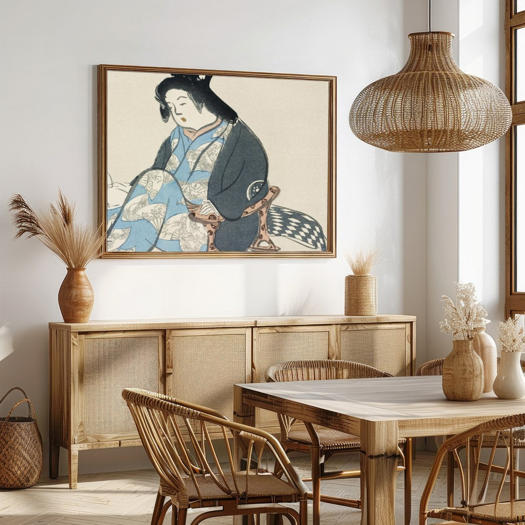 Experience the tranquil elegance of this traditional artwork depicting a poised geisha in exquisite for Dining