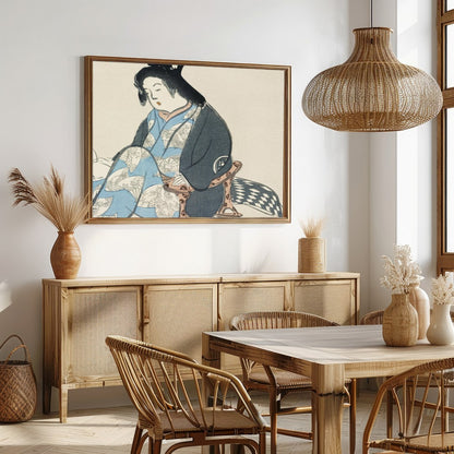Experience the tranquil elegance of this traditional artwork depicting a poised geisha in exquisite for Dining