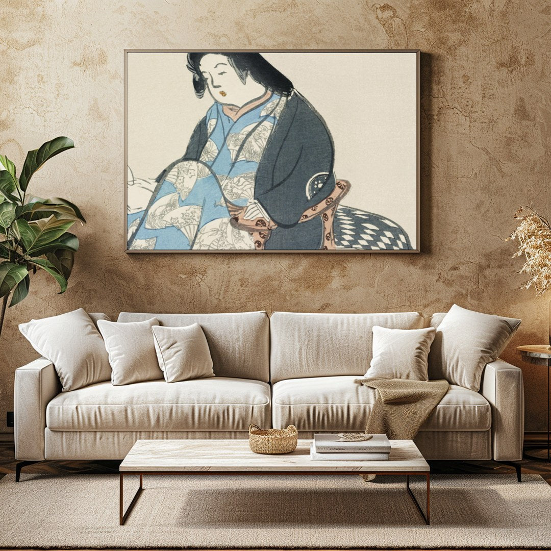 Experience the tranquil elegance of this traditional artwork depicting a poised geisha in exquisite for Family Room