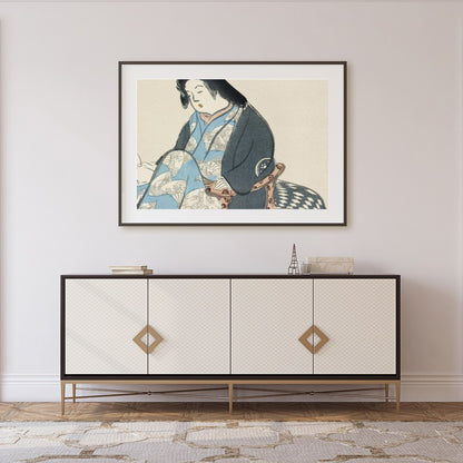 Experience the tranquil elegance of this traditional artwork depicting a poised geisha in exquisite for Foyer