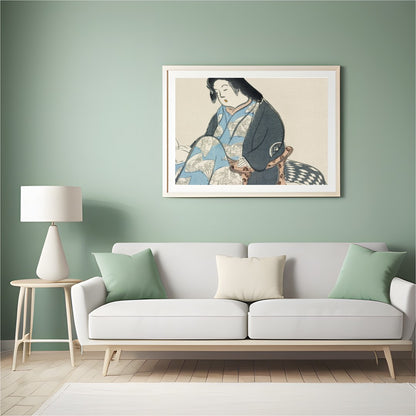 Experience the tranquil elegance of this traditional artwork depicting a poised geisha in exquisite for Hall