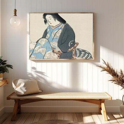 Experience the tranquil elegance of this traditional artwork depicting a poised geisha in exquisite for Hallway