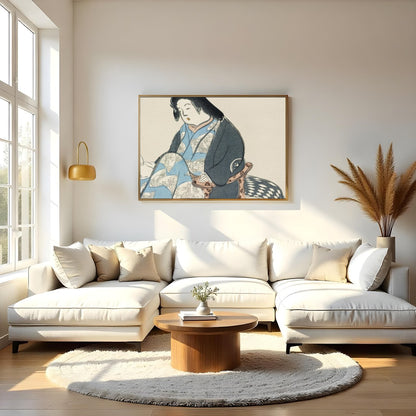 Experience the tranquil elegance of this traditional artwork depicting a poised geisha in exquisite for Living Room