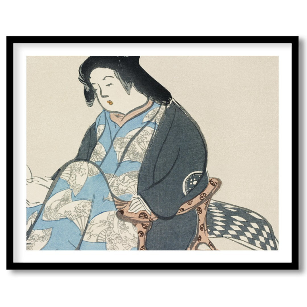 Experience the tranquil elegance of this traditional artwork depicting a poised geisha in exquisite for room