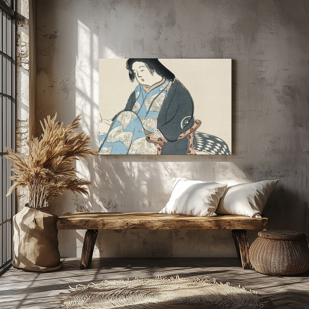 Experience the tranquil elegance of this traditional artwork depicting a poised geisha in exquisite for Veranda