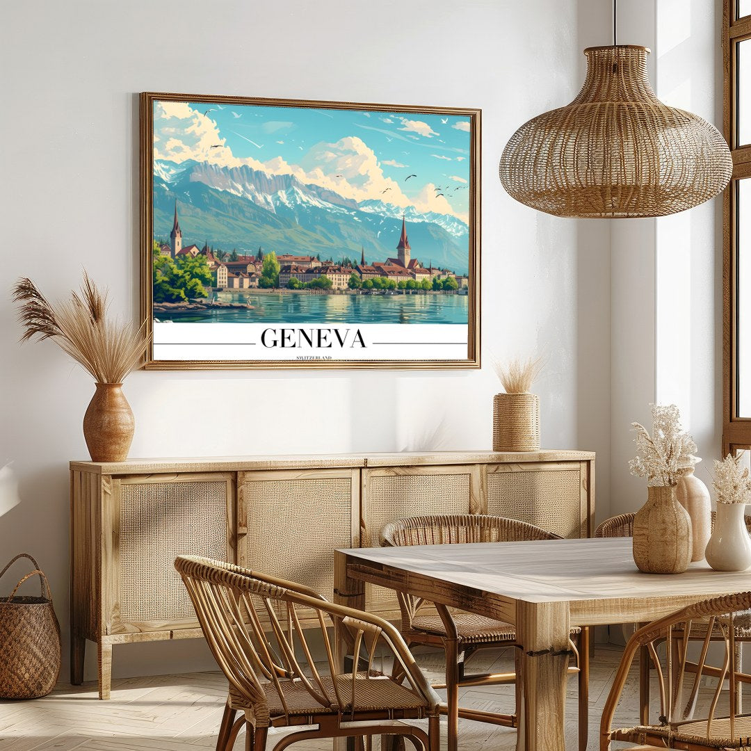 Immerse yourself in the tranquil beauty of Geneva with this stunning depiction of its lakeside for Dining