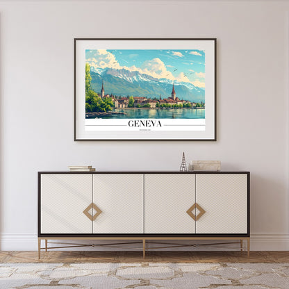 Immerse yourself in the tranquil beauty of Geneva with this stunning depiction of its lakeside for Foyer