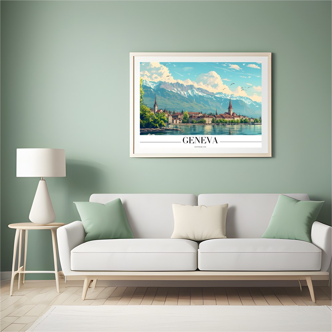 Immerse yourself in the tranquil beauty of Geneva with this stunning depiction of its lakeside for Hall
