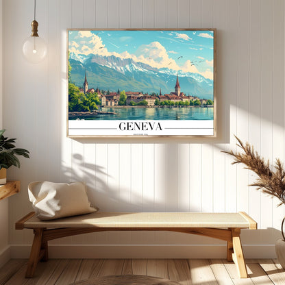 Immerse yourself in the tranquil beauty of Geneva with this stunning depiction of its lakeside for Hallway