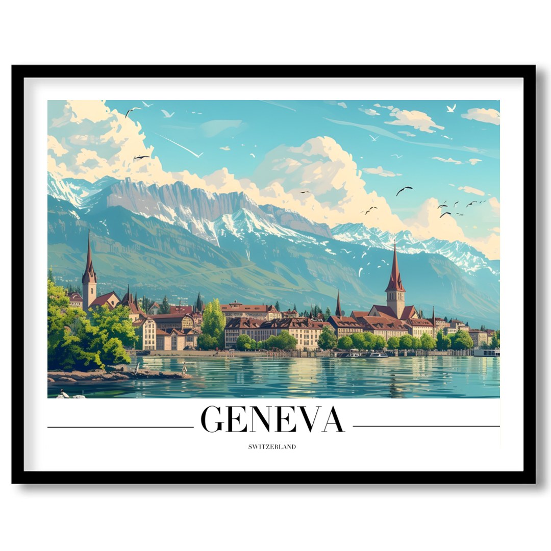 Immerse yourself in the tranquil beauty of Geneva with this stunning depiction of its lakeside for haven
