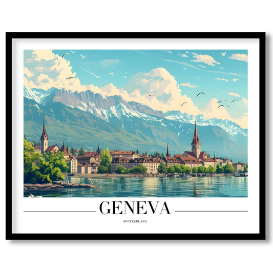 Immerse yourself in the tranquil beauty of Geneva with this stunning depiction of its lakeside for haven