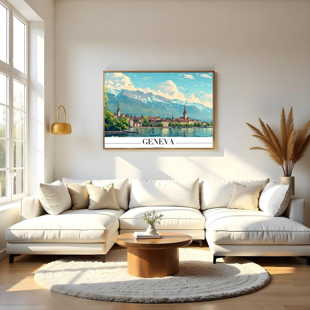 Immerse yourself in the tranquil beauty of Geneva with this stunning depiction of its lakeside for Living Room
