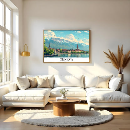 Immerse yourself in the tranquil beauty of Geneva with this stunning depiction of its lakeside for Living Room
