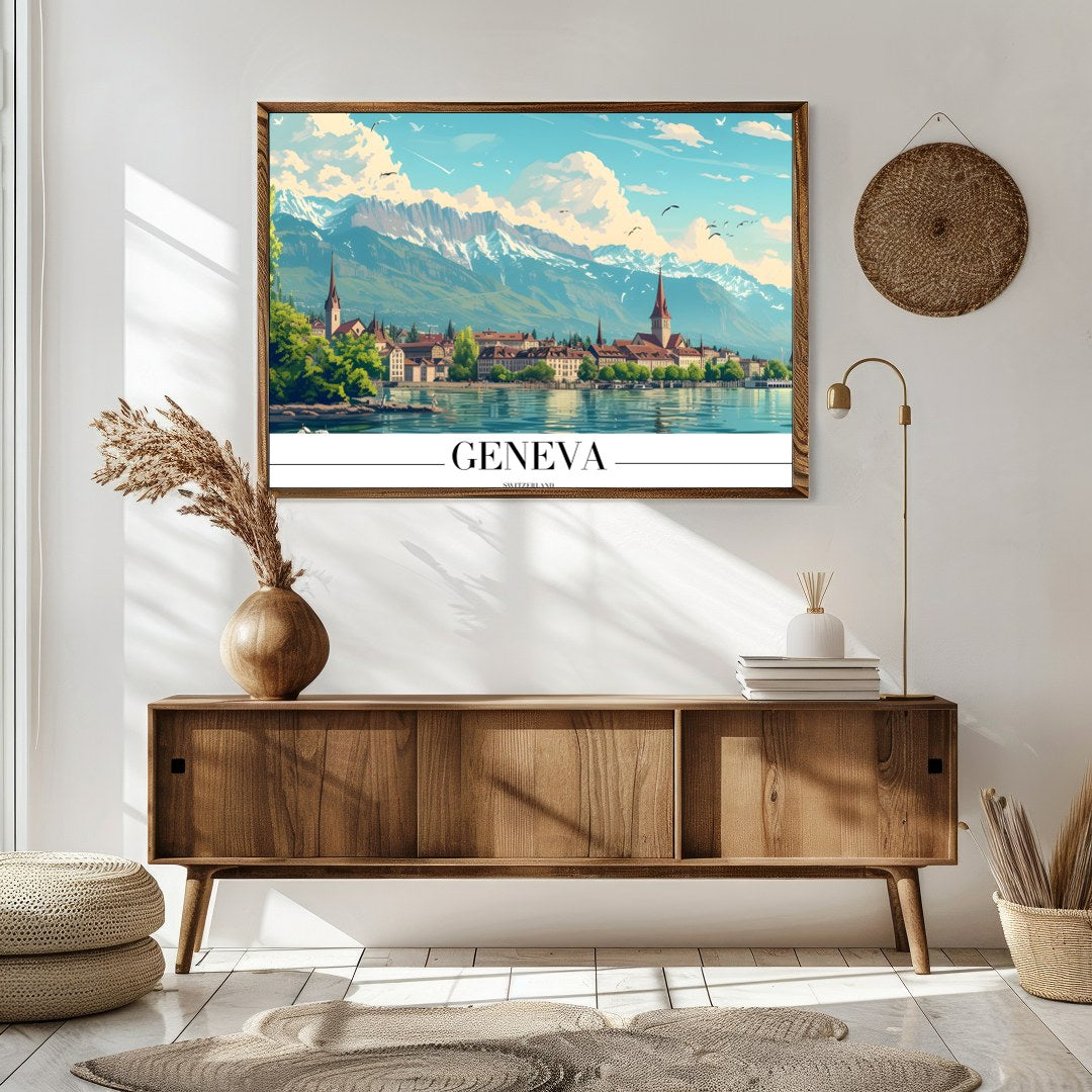 Immerse yourself in the tranquil beauty of Geneva with this stunning depiction of its lakeside for Sitting Area