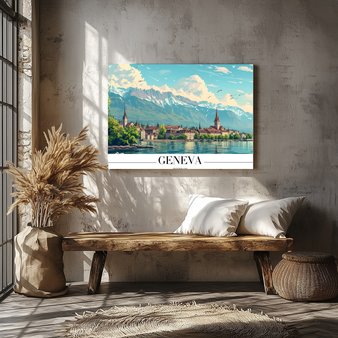 Immerse yourself in the tranquil beauty of Geneva with this stunning depiction of its lakeside for Veranda