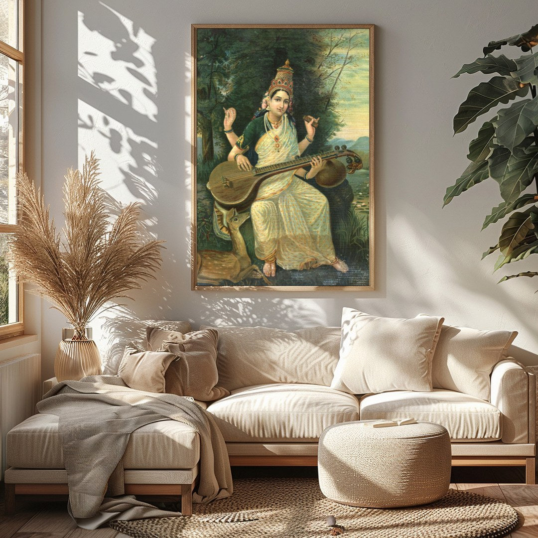 Immerse yourself in the tranquil beauty of this exquisite painting, depicting a divine goddess for Sitting Area