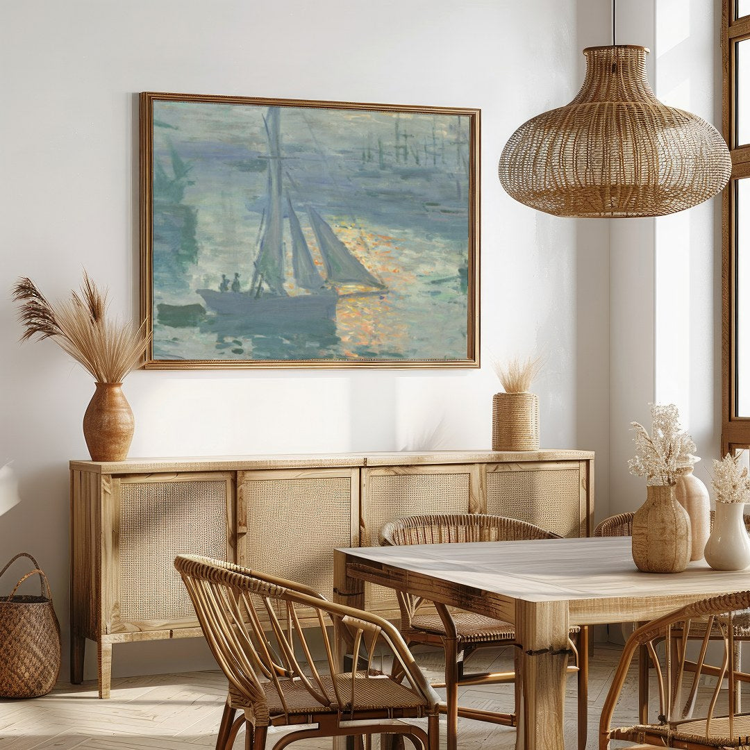 Immerse yourself in the tranquil beauty of a bustling harbor captured in this impressionist piece. for Dining