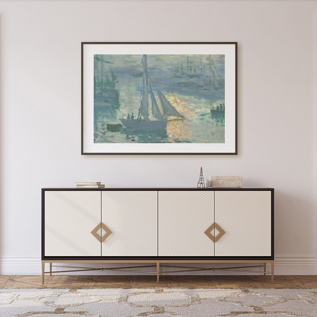 Immerse yourself in the tranquil beauty of a bustling harbor captured in this impressionist piece. for Foyer
