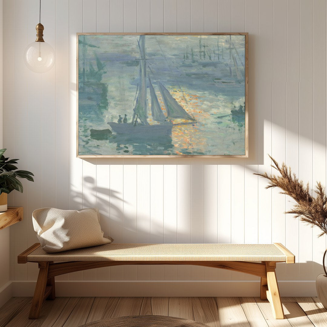Immerse yourself in the tranquil beauty of a bustling harbor captured in this impressionist piece. for Hallway