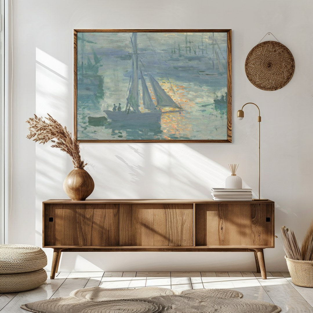 Immerse yourself in the tranquil beauty of a bustling harbor captured in this impressionist piece. for Sitting Area
