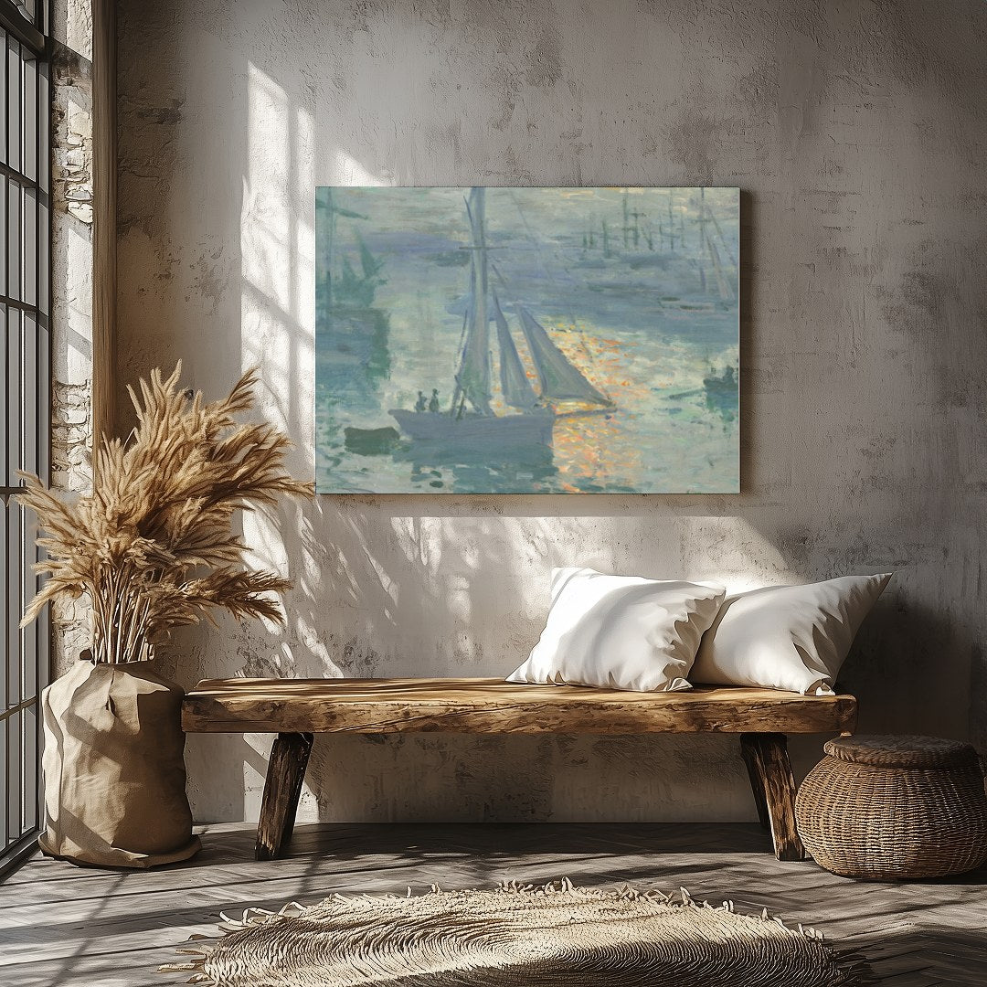 Immerse yourself in the tranquil beauty of a bustling harbor captured in this impressionist piece. for Veranda