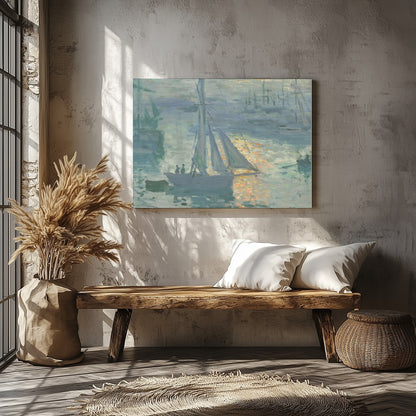 Immerse yourself in the tranquil beauty of a bustling harbor captured in this impressionist piece. for Veranda