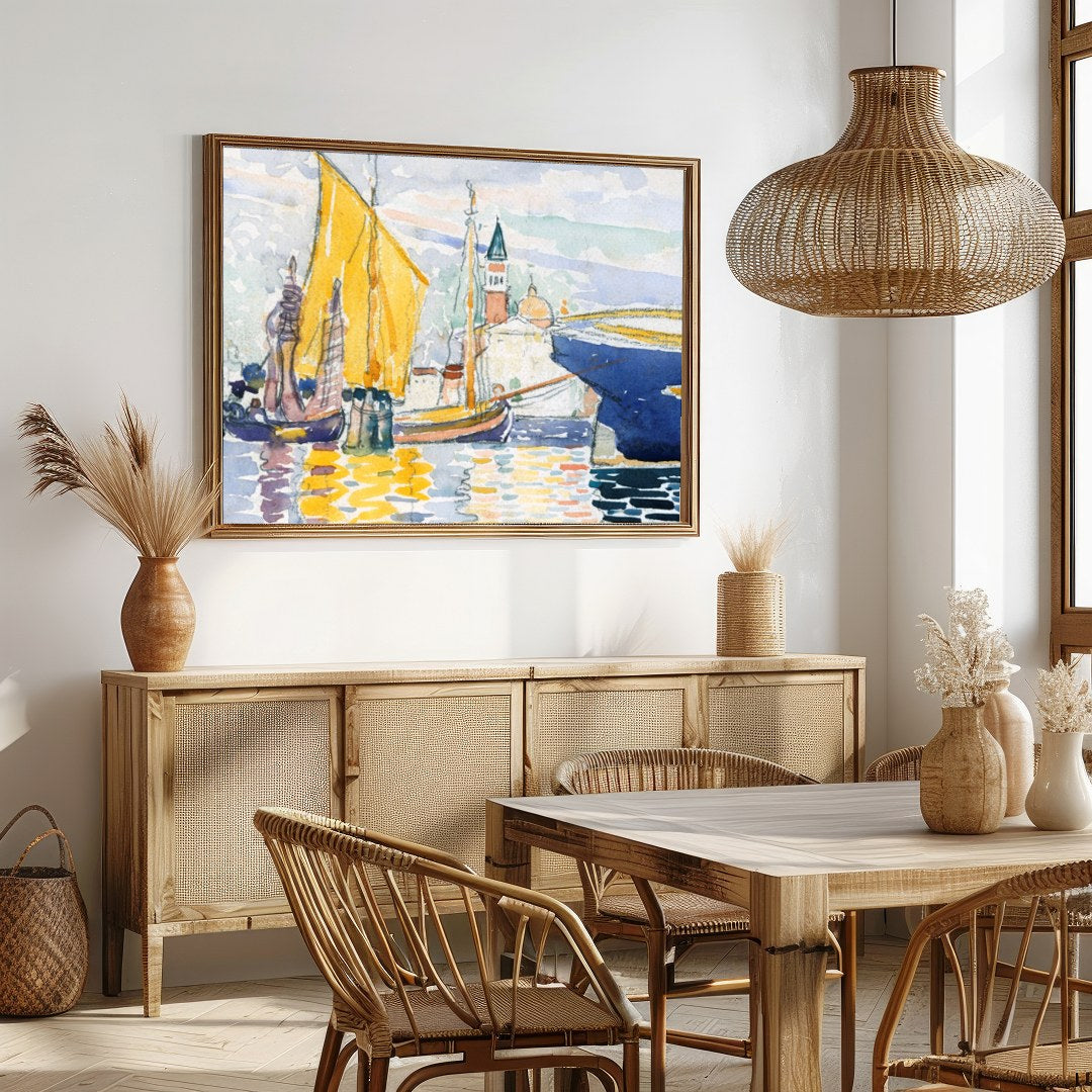 Immerse yourself in the calming beauty of this watercolor artwork depicting a serene harbor. With for Dining