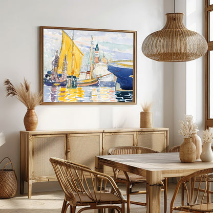 Immerse yourself in the calming beauty of this watercolor artwork depicting a serene harbor. With for Dining