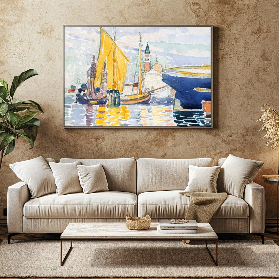 Immerse yourself in the calming beauty of this watercolor artwork depicting a serene harbor. With for Family Room