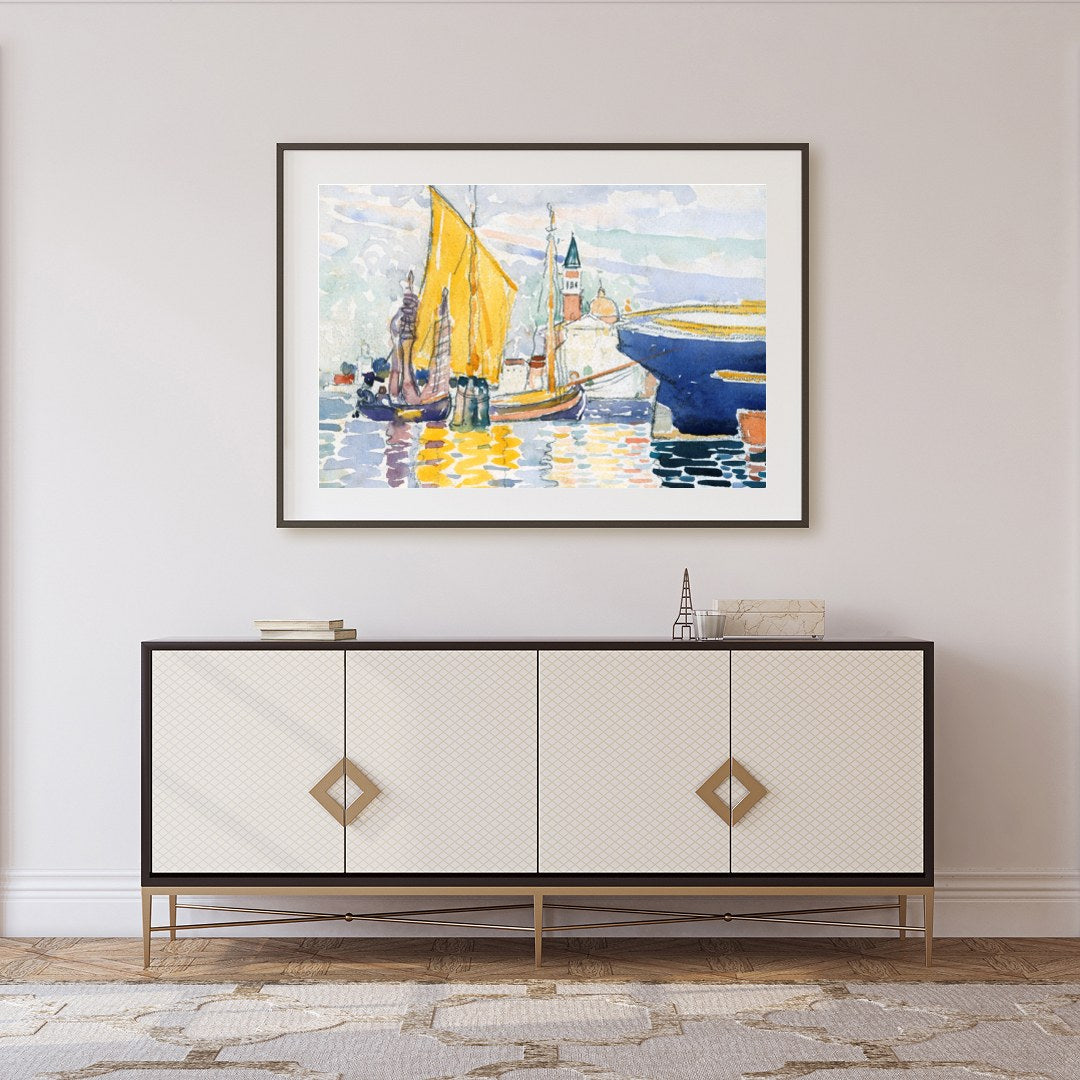 Immerse yourself in the calming beauty of this watercolor artwork depicting a serene harbor. With for Foyer