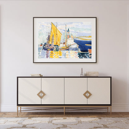 Immerse yourself in the calming beauty of this watercolor artwork depicting a serene harbor. With for Foyer