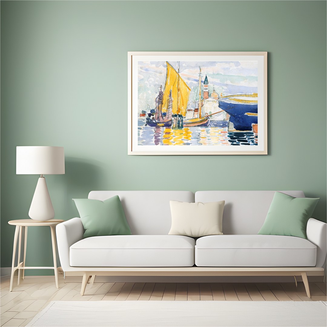 Immerse yourself in the calming beauty of this watercolor artwork depicting a serene harbor. With for Hall