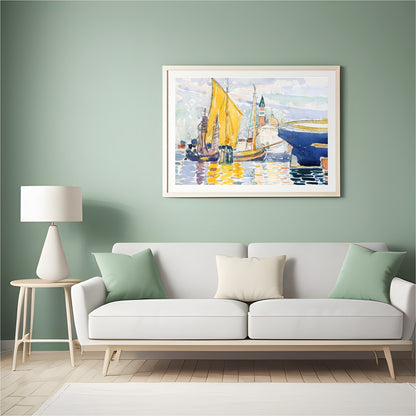 Immerse yourself in the calming beauty of this watercolor artwork depicting a serene harbor. With for Hall