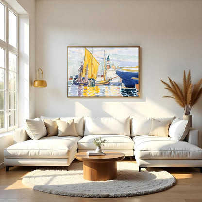 Immerse yourself in the calming beauty of this watercolor artwork depicting a serene harbor. With for Living Room