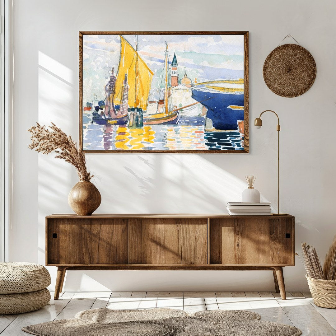 Immerse yourself in the calming beauty of this watercolor artwork depicting a serene harbor. With for Sitting Area